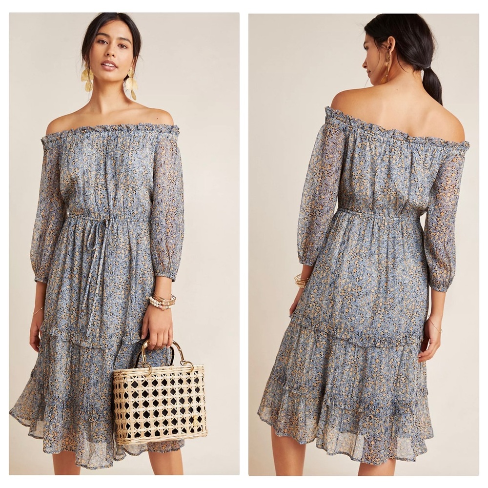 Anthropologie Kira Off-The-Shoulder Peasant Midi Dress Bohemian Floral Size US 2